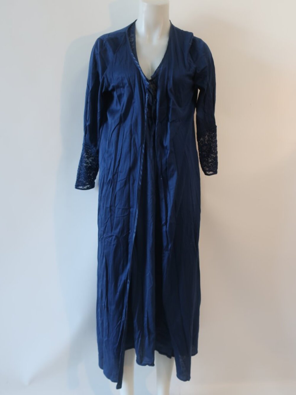 Womens Hanro Navy Blue (Item- 19) 2 Pc Peignoir Set Mix Media Nightgown Robe XS